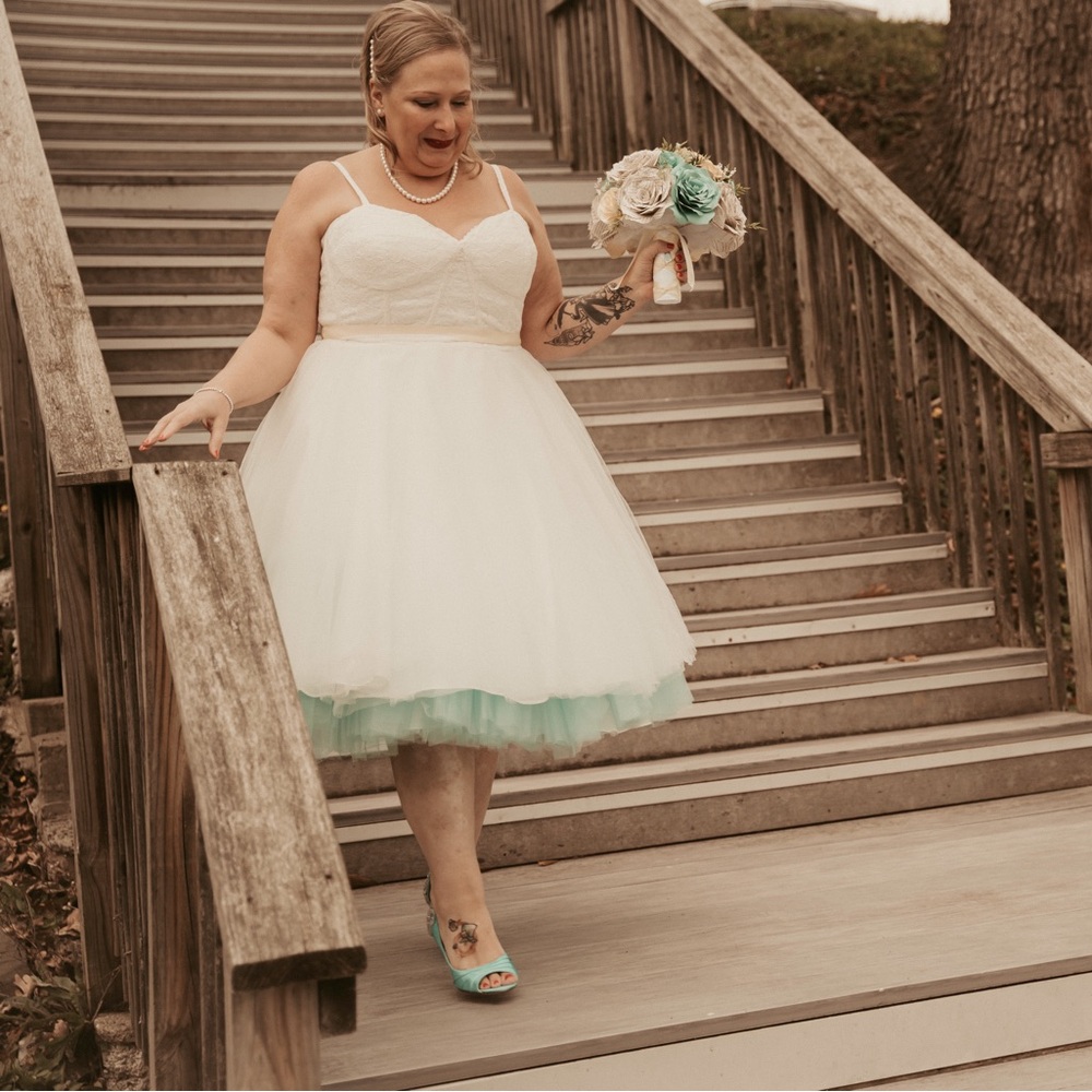 White and Teal Wedding Dress